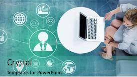  Presentation with wooden cross against the sky - Theme consisting of 3d pie chart graph - woman on her laptop background and a teal colored foreground