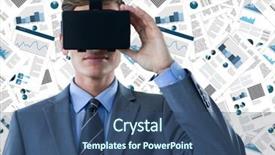  Presentation with business man climbs up to the top of 3d success stairs steps - Slide deck enhanced with 3d pie charts - business man in vr background and a  colored foreground