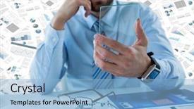  Presentation with glass - PPT theme with 3d pie charts - business man with glass tablet background and a  colored foreground