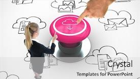  Presentation with graphic - Slides consisting of 3d powerpoints - businesswoman pointing somewhere against white background and a light gray colored foreground