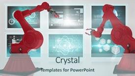  Presentation with robot arm - Presentation design featuring 3d red robot arm background and a sky blue colored foreground