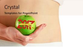  Presentation with green apple - Cool new presentation theme with 3d red white figures - slim woman holding green apple backdrop and a coral colored foreground