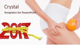  Presentation with tape measure - Audience pleasing PPT theme consisting of 3d red white figures - woman squeezing fat on thigh backdrop and a lemonade colored foreground