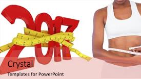  Presentation with new year - Cool new slides with 3d red white figures - young woman measuring her waist backdrop and a coral colored foreground