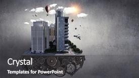  Presentation with media image - PPT theme having 3d rendered image gear designs - mini city design mixed media background and a dark gray colored foreground