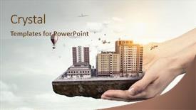  Presentation with design - Presentation theme featuring 3d rendered image gear designs - mini city design mixed media background and a  colored foreground