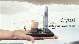  Presentation with media image - PPT theme consisting of 3d rendered image gear designs - mini city design mixed media background and a  colored foreground