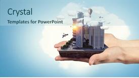  Presentation with media image - Slide set featuring 3d rendered image gear designs - mini city design mixed media background and a light blue colored foreground