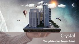  Presentation with design - Beautiful presentation theme featuring 3d rendered image gear designs - mini city design mixed media backdrop and a  colored foreground