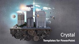  Presentation with design - Presentation having 3d rendered image gear designs - mini city design background and a  colored foreground