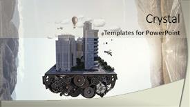  Presentation with city - Presentation design consisting of 3d rendered image gear designs - modern city concept mixed media background and a soft green colored foreground