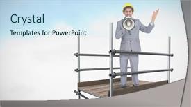  Presentation with sky blue - Colorful slide set enhanced with 3d scaffold - architect with hard hat shouting backdrop and a  colored foreground
