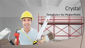  Presentation with builder - Presentation theme enhanced with 3d scaffold - digital composite of builder background and a light gray colored foreground