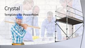  Presentation with scaffolding - Presentation design consisting of 3d scaffold - digital composite of happy builder background and a sky blue colored foreground