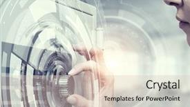  Presentation with safe - Audience pleasing theme consisting of 3d scanner - woman open safe mixed media backdrop and a lemonade colored foreground