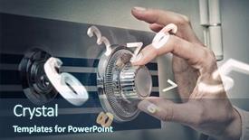  Presentation with safe - Presentation design featuring 3d scanner - woman open safe mixed media background and a ocean colored foreground