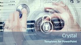  Presentation with scanner - PPT theme enhanced with 3d scanner - woman open safe mixed media background and a ocean colored foreground