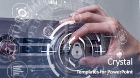  Presentation with safe - Amazing PPT theme having 3d scanner - woman open safe mixed media backdrop and a ocean colored foreground