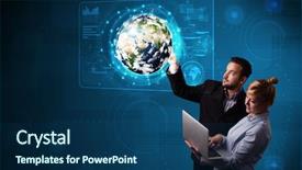  Presentation with tech science - Colorful presentation design enhanced with 3d science - happy young couple touching high-tech backdrop and a ocean colored foreground