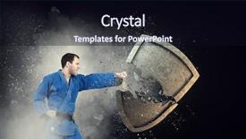  Presentation with shield - PPT theme featuring 3d shield - break through defense mixed media background and a  colored foreground