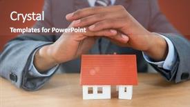  Presentation with house - Audience pleasing PPT theme consisting of 3d shield - house under protective hands backdrop and a  colored foreground