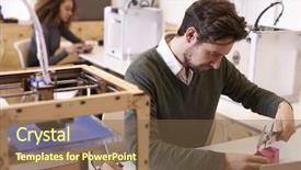  Presentation with design - Audience pleasing theme consisting of 3d small people - designer measuring model in 3d backdrop and a tawny brown colored foreground