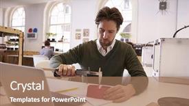  Presentation with design - Amazing PPT theme having 3d small people - designer measuring model in 3d backdrop and a coral colored foreground