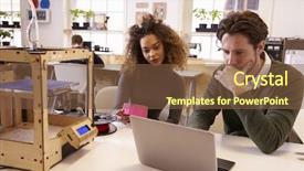  Presentation with engineering design and consultancy - PPT theme with 3d small people - designers working with 3d printer background and a tawny brown colored foreground