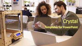  Presentation with 3d printer - Colorful PPT theme enhanced with 3d small people - designers working with 3d printer backdrop and a tawny brown colored foreground
