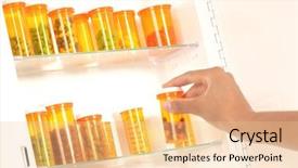  Presentation with pill bottle - Colorful slide set enhanced with 3d small people - persons hand taking pill bottle backdrop and a lemonade colored foreground