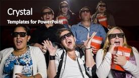  Presentation with scary movie - Amazing PPT layouts having 3d small people - scared movie spectators with 3d backdrop and a wine colored foreground