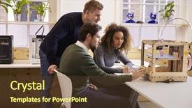  Presentation with design team - Colorful PPT theme enhanced with 3d small people - team of designers working backdrop and a tawny brown colored foreground