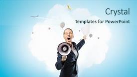  Presentation with announcement - Presentation design with 3d speaker - woman making announcement mixed media background and a sky blue colored foreground