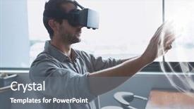  Presentation with interface - Presentation design with headset touching a 3d sphere background and a gray colored foreground