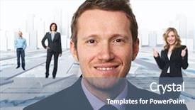  Presentation with team - PPT theme with 3d stat growing arrow - portrait of man and business background and a ocean colored foreground