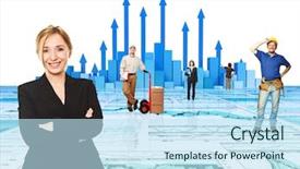  Presentation with gant chart - PPT theme enhanced with 3d stat growing arrow - smiling worker and 3d chart background and a sky blue colored foreground