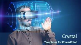 Presentation with high tech technology - Colorful PPT theme enhanced with 3d technology - amazed businessman with high tech backdrop and a ocean colored foreground
