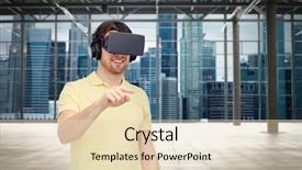  Presentation with virtual technology - Audience pleasing presentation theme consisting of 3d technology virtual reality entertainment and people concept - happy young man with virtual reality headset or 3d glasses playing game over industrial empty room and city panorama background backdrop and a lemonade colored foreground