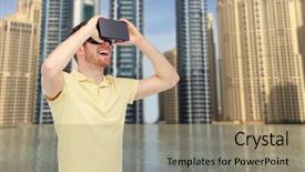  Presentation with virtual technology - Colorful presentation theme enhanced with 3d technology virtual reality entertainment and people concept - happy young man with virtual reality headset or 3d glasses over dubai city infinity edge pool background backdrop and a coral colored foreground