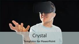  Presentation with virtual reality - Presentation design consisting of 3d technology virtual reality entertainment and people concept - close up of happy young man with virtual reality headset or 3d glasses playing game and holding something invisible background and a light gray colored foreground