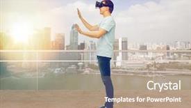  Presentation with entertainment - PPT layouts having 3d technology virtual reality entertainment cyberspace and people concept - man with virtual reality headset or 3d glasses playing game and touching something over singapore skyscrapers background background and a coral colored foreground