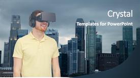 Presentation with entertainment - Audience pleasing theme consisting of 3d technology virtual reality travel entertainment and people concept - happy young man with virtual reality headset or 3d glasses over singapore city skyscrapers background backdrop and a seafoam green colored foreground
