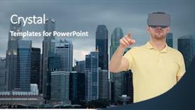  Presentation with entertainment - Slide deck with 3d technology virtual reality travel entertainment and people concept - young man with virtual reality headset or 3d glasses playing game over singapore city skyscrapers background background and a seafoam green colored foreground