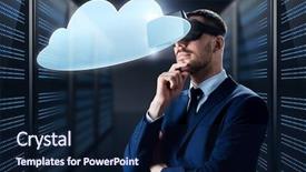  Presentation with server room - PPT theme with 3d telecommunications - business people and technology concept background and a navy blue colored foreground