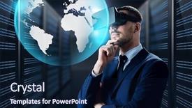  Presentation with server room - Colorful PPT theme enhanced with 3d telecommunications - business people and technology concept backdrop and a navy blue colored foreground