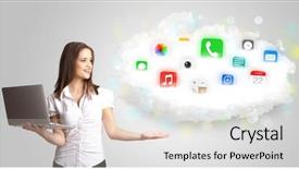  Presentation with cloud - Slide set enhanced with 3d telecommunications - young woman presenting cloud background and a light gray colored foreground
