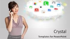  Presentation with cloud - Slide deck enhanced with 3d telecommunications - young woman presenting cloud background and a light gray colored foreground