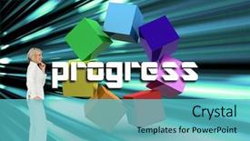  Presentation with thinking - Presentation theme consisting of 3d text boxes - word progress and thinking businesswoman background and a teal colored foreground