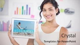  Presentation with digital - Colorful PPT theme enhanced with 3d waves image - happy businesswoman showing digital 3d backdrop and a  colored foreground