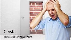  Presentation with man door - Beautiful slides featuring stressed man and closed door backdrop and a light gray colored foreground